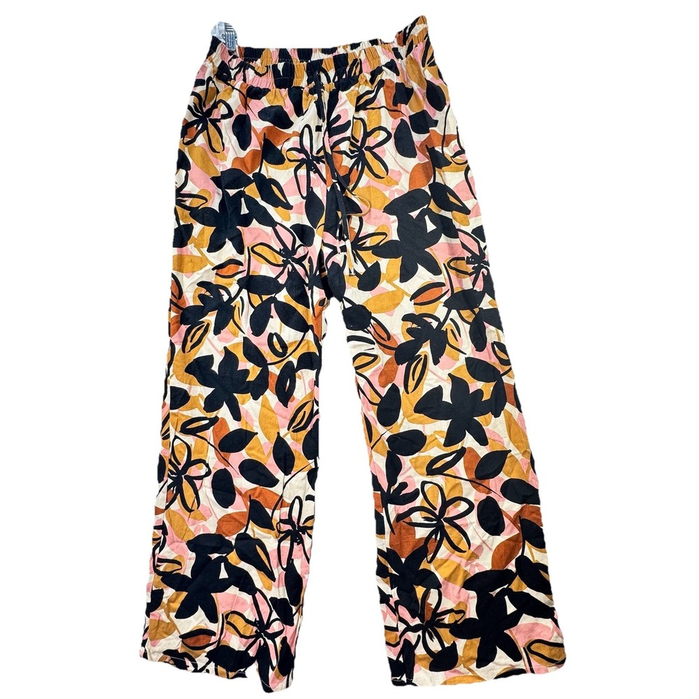 Tullea Womens XL Wide Leg Linen Blend Pants Floral Rayon‎ Pull On Boho Beach